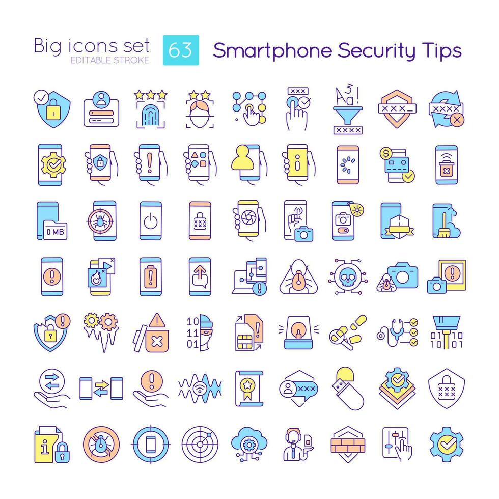 Smartphone security tips RGB color icons set. Hacking attack. Mobile phone protection. Isolated vector illustrations. Simple filled line drawings collection. Editable stroke used
