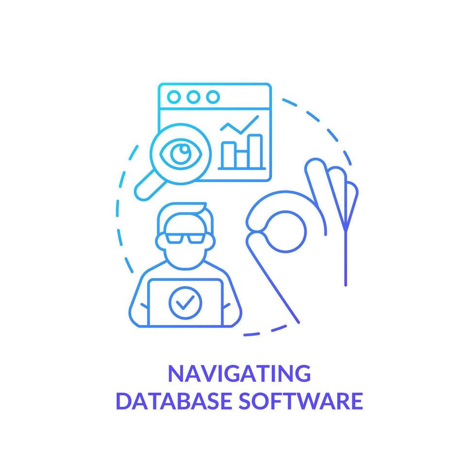 Navigating database software blue gradient concept icon. Digital technology. Information storage system abstract idea thin line illustration. Isolated outline drawing vector