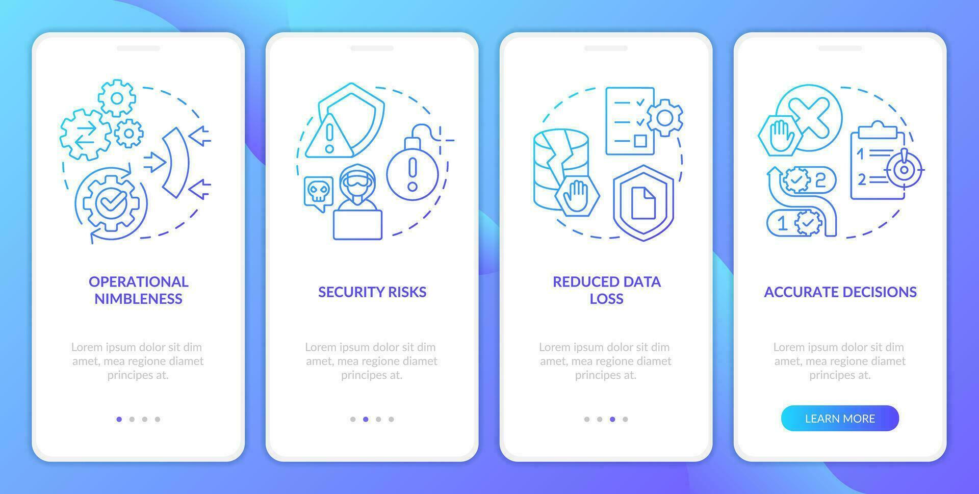 Optimized information systems blue gradient onboarding mobile app screen. Walkthrough 4 steps graphic instructions with linear concepts. UI, UX, GUI templated vector