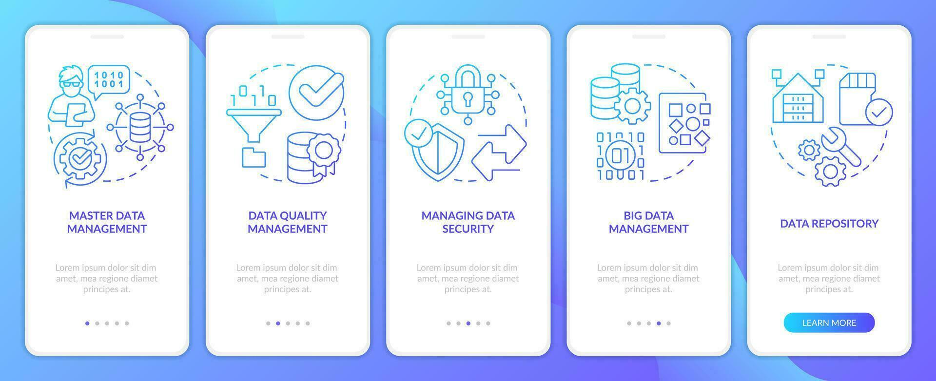 Information management styles blue gradient onboarding mobile app screen. Walkthrough 5 steps graphic instructions with linear concepts. UI, UX, GUI templated vector