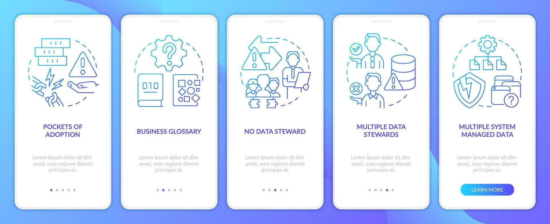base de datos nubes azul degradado inducción móvil aplicación pantalla. retos recorrido 5 5 pasos gráfico instrucciones con lineal conceptos. ui, ux, gui plantilla vector