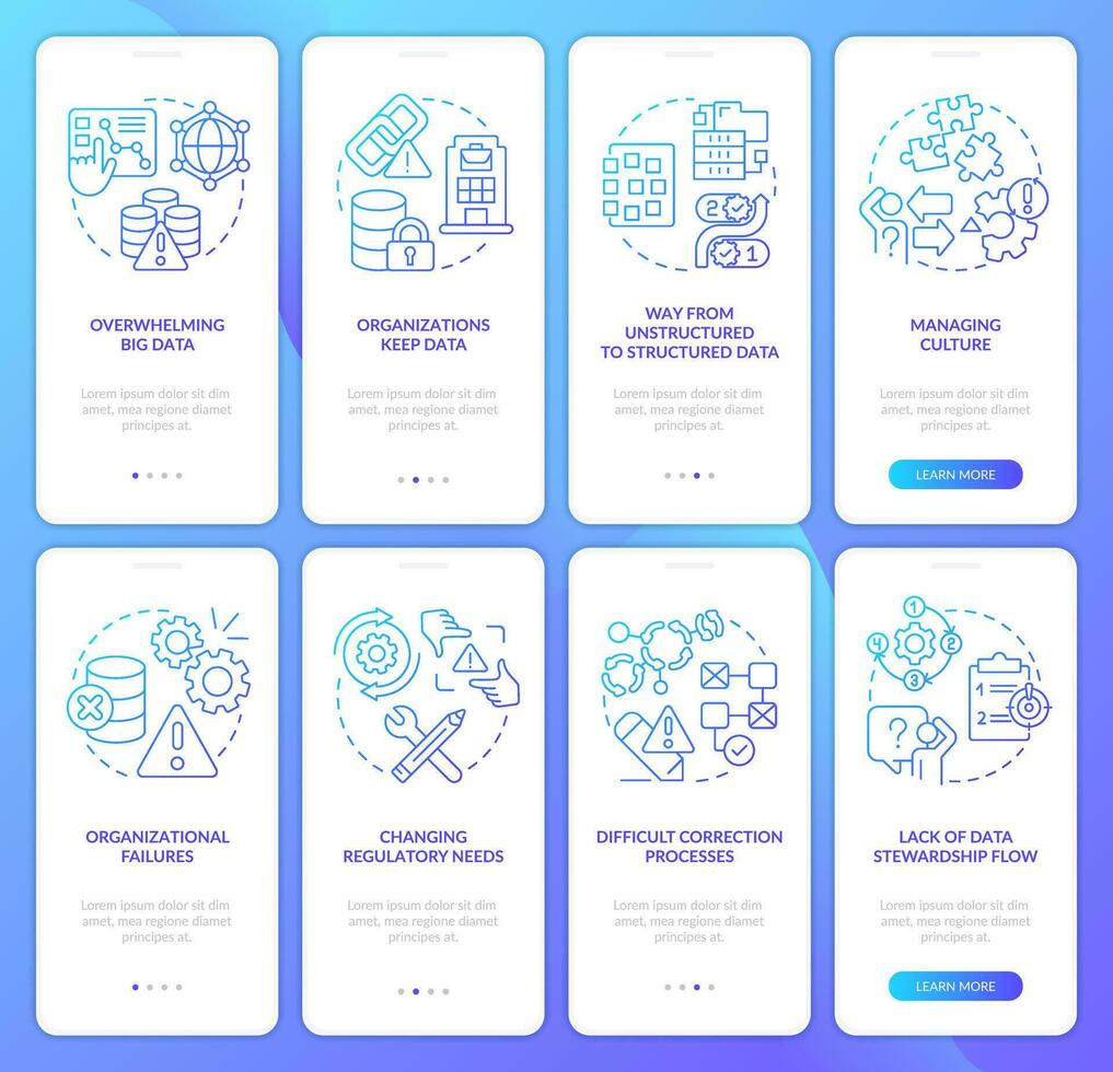 Data governance problems blue gradient onboarding mobile app screen set. Walkthrough 4 steps graphic instructions with linear concepts. UI, UX, GUI templated vector