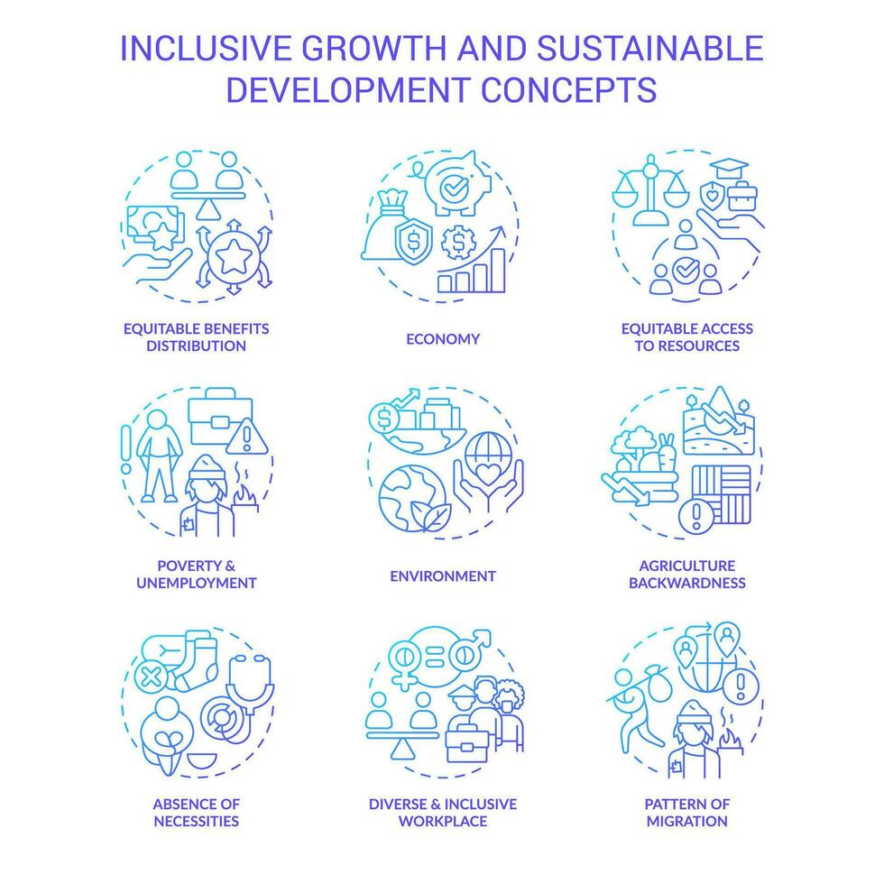 Inclusive growth and sustainable development blue gradient concept icons set. Fair economy idea thin line color illustrations. Isolated symbols vector