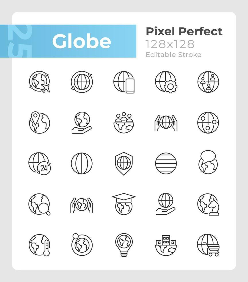 Globe pixel perfect linear icons set. World map. Planet friendly. Customizable thin line symbols. Isolated vector outline illustrations. Editable stroke