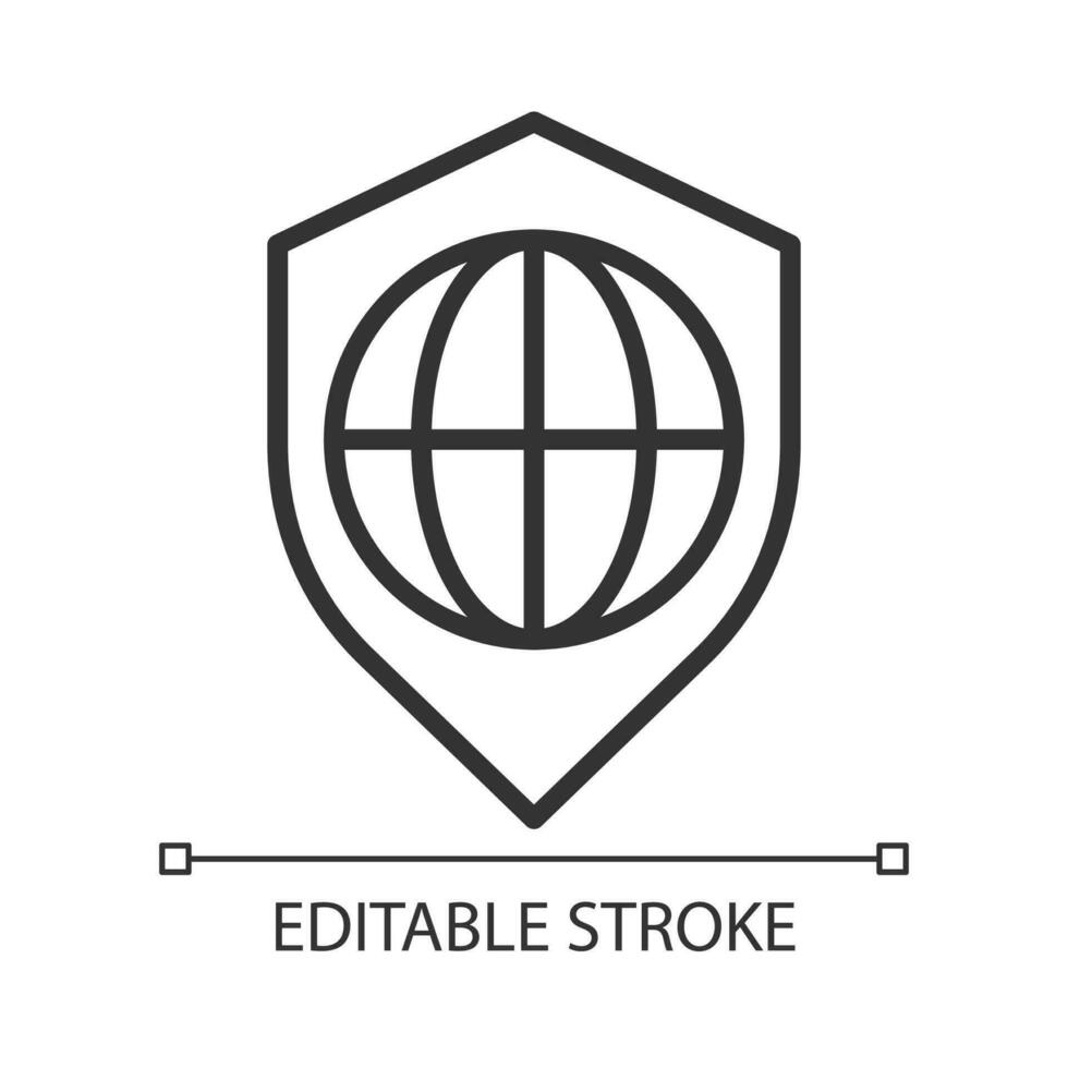 Global security pixel perfect linear icon. International safety service. World protection. Thin line illustration. Contour symbol. Vector outline drawing. Editable stroke