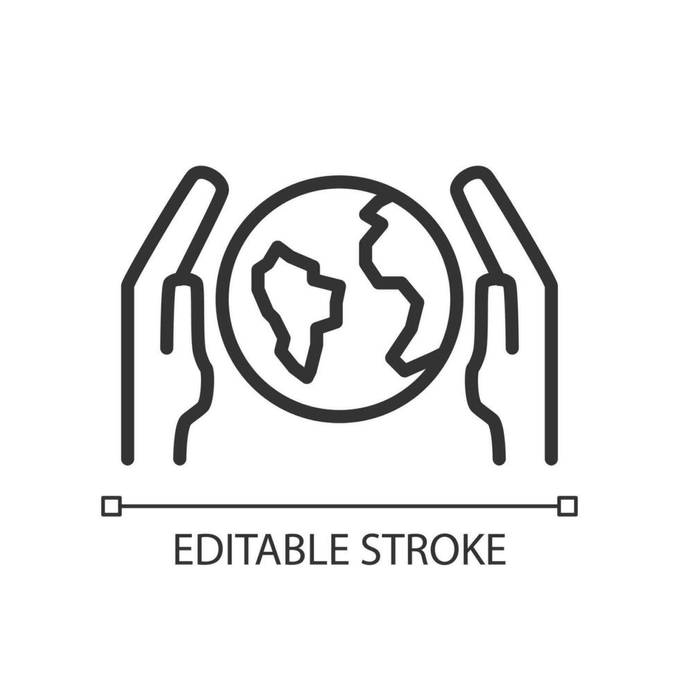 Save Earth pixel perfect linear icon. Planet protection. Sustainable world. Eco-friendly society. Thin line illustration. Contour symbol. Vector outline drawing. Editable stroke