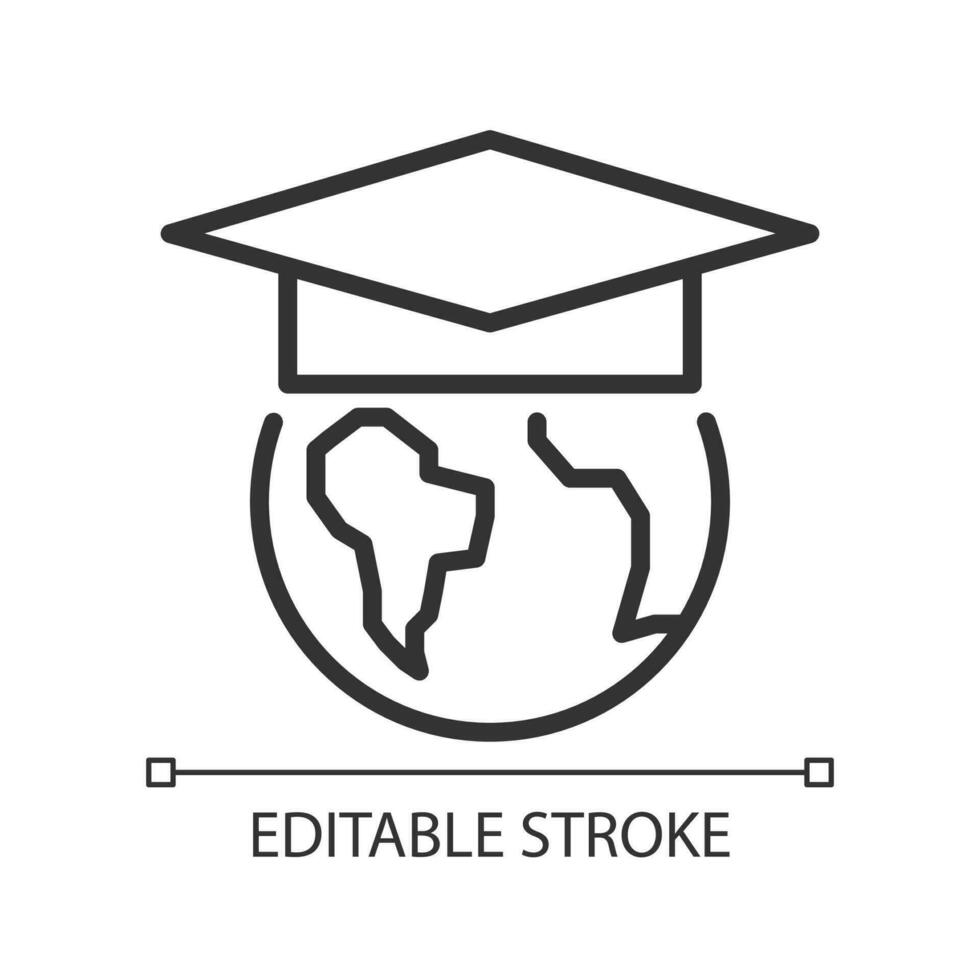 International education pixel perfect linear icon. Exchange student worldwide. Studying abroad. Thin line illustration. Contour symbol. Vector outline drawing. Editable stroke