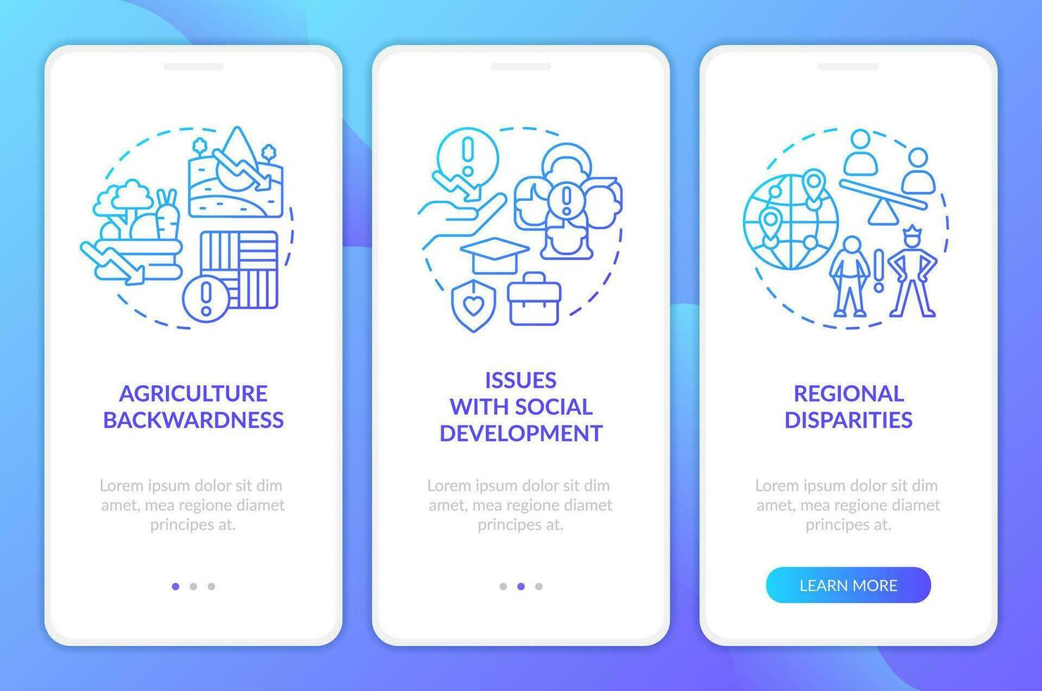 Inclusive economy problems blue gradient onboarding mobile app screen. Walkthrough 3 steps graphic instructions with linear concepts. UI, UX, GUI templated vector