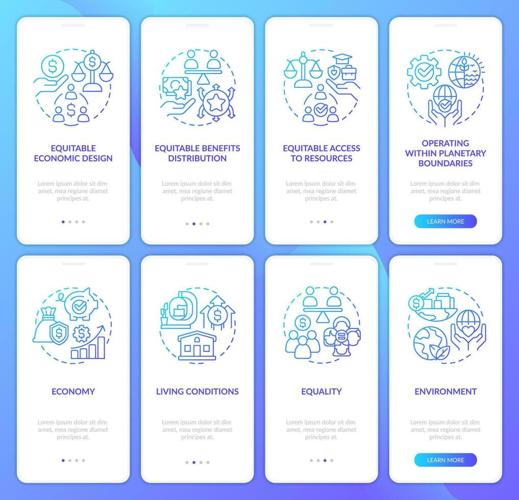 Inclusive development features blue gradient onboarding mobile app screen set. Walkthrough 4 steps graphic instructions with linear concepts. UI, UX, GUI templated vector