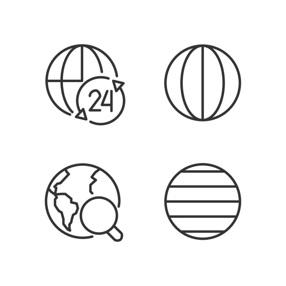 Geography pixel perfect linear icons set. Planet time zones. Longitude and latitude. Earth research. Customizable thin line symbols. Isolated vector outline illustrations. Editable stroke