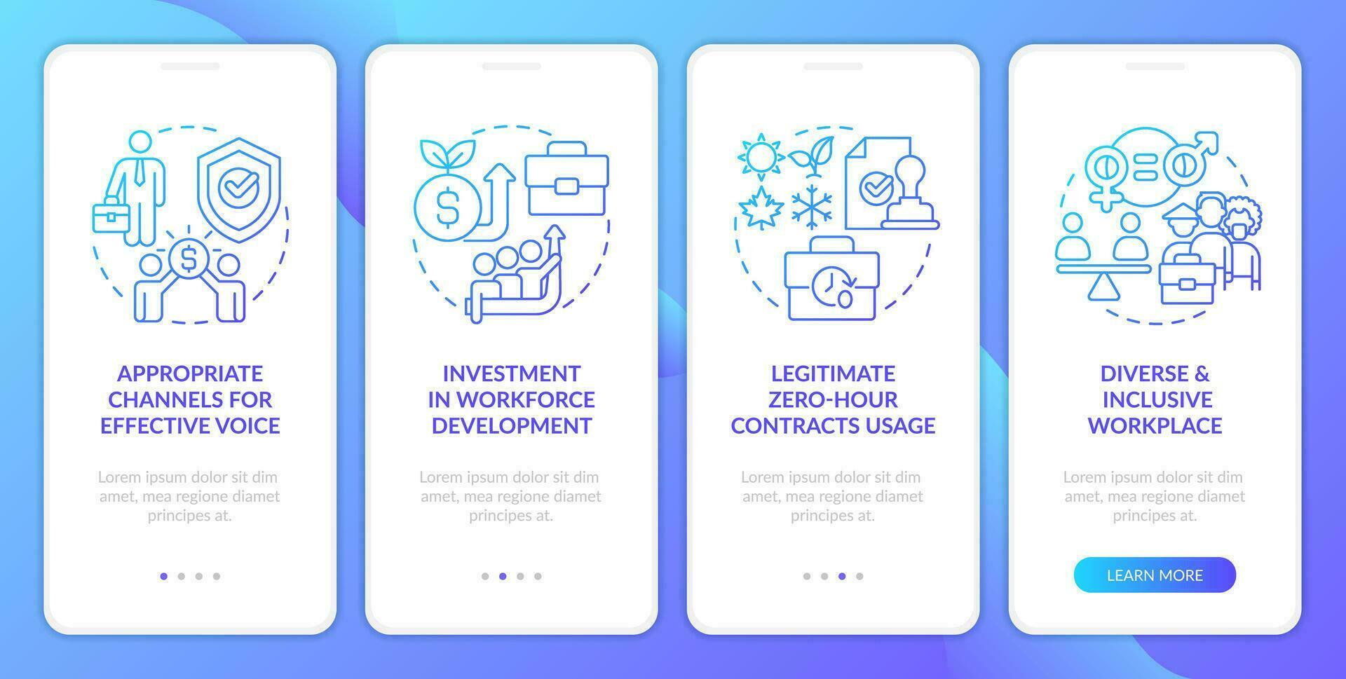 Fair working policy blue gradient onboarding mobile app screen. Walkthrough 4 steps graphic instructions with linear concepts. UI, UX, GUI templated vector