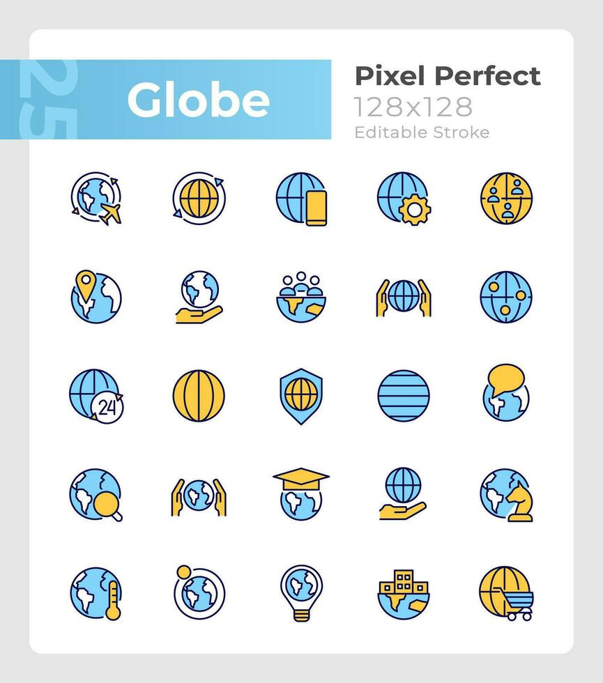 Globe pixel perfect RGB color icons set. World map. Planet friendly. Isolated vector illustrations. Simple filled line drawings collection. Editable stroke