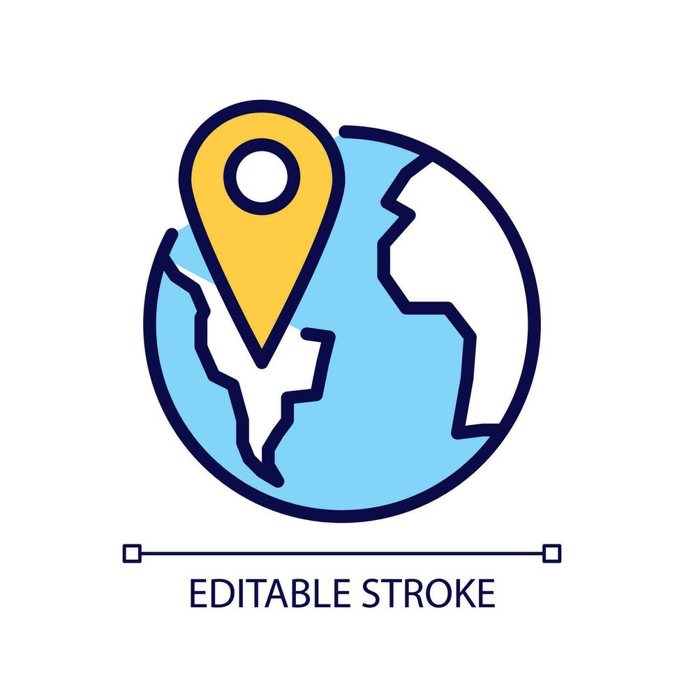 Globe with pin pixel perfect RGB color icon. Word navigation. Earth with destination mark. Isolated vector illustration. Simple filled line drawing. Editable stroke