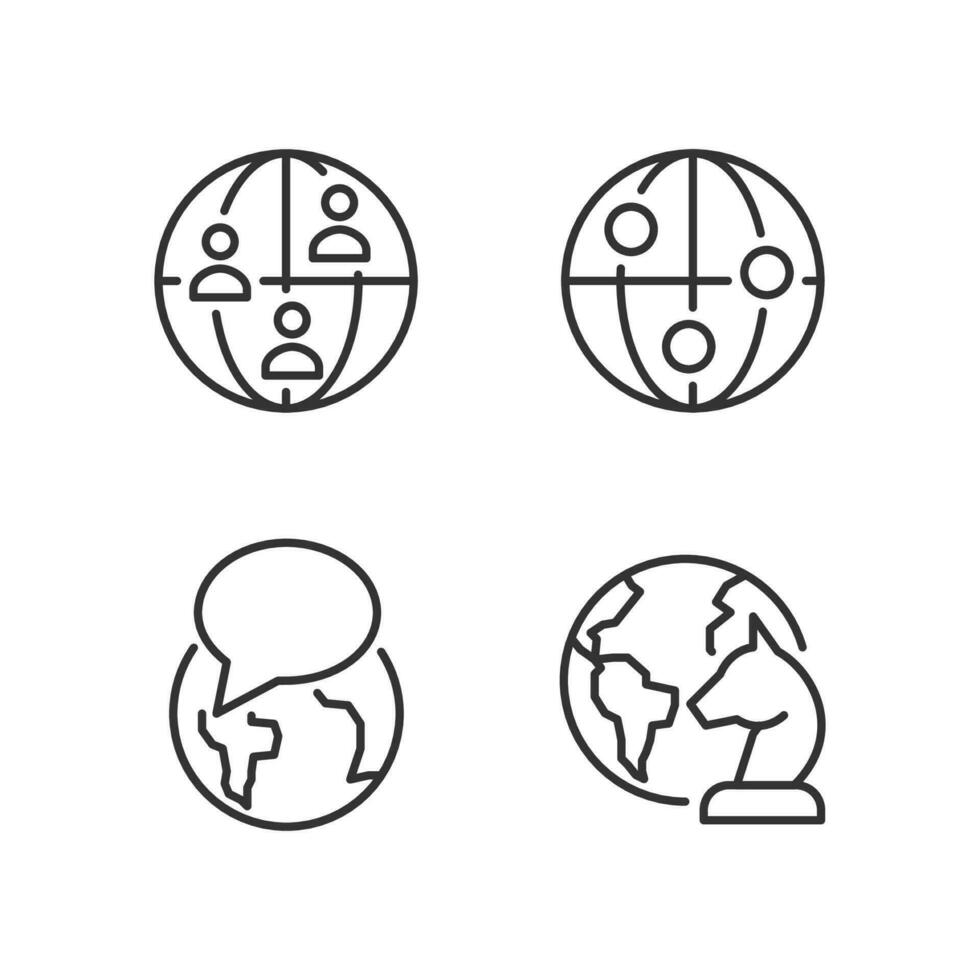 Geopolitics process pixel perfect linear icons set. Global communication. International relations. Customizable thin line symbols. Isolated vector outline illustrations. Editable stroke