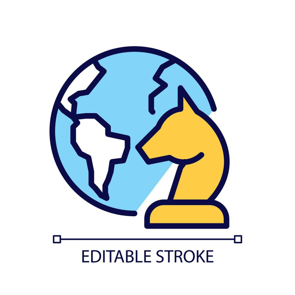 Geopolitics pixel perfect RGB color icon. International governance. World map. Foreign relations. Isolated vector illustration. Simple filled line drawing. Editable stroke