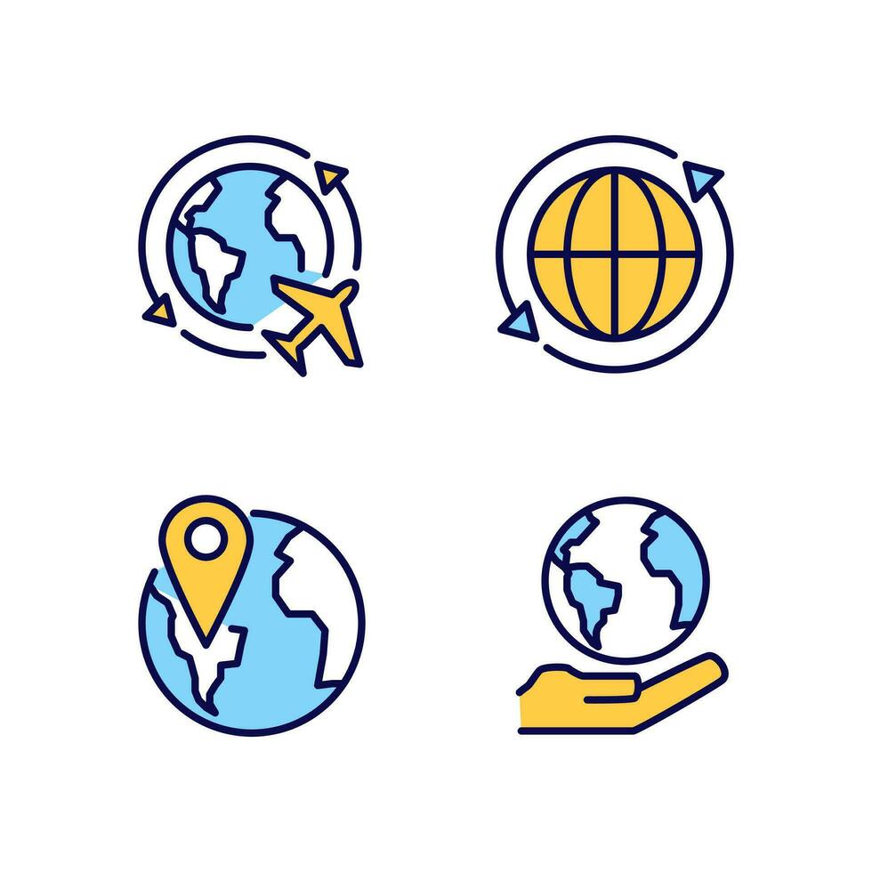 Travel around world pixel perfect RGB color icons set. International tourism. Planet map navigation. Isolated vector illustrations. Simple filled line drawings collection. Editable stroke
