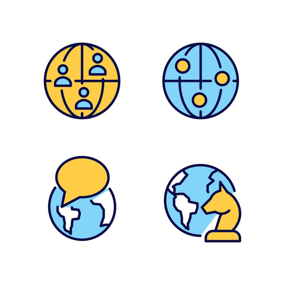 Geopolitics process pixel perfect RGB color icons set. Global communication. International relations. Isolated vector illustrations. Simple filled line drawings collection. Editable stroke