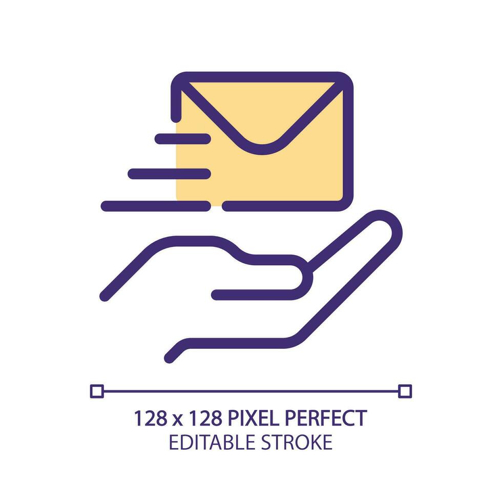 Send letter pixel perfect RGB color icon. Delivery service. Written communication. Receiver address. Isolated vector illustration. Simple filled line drawing. Editable stroke