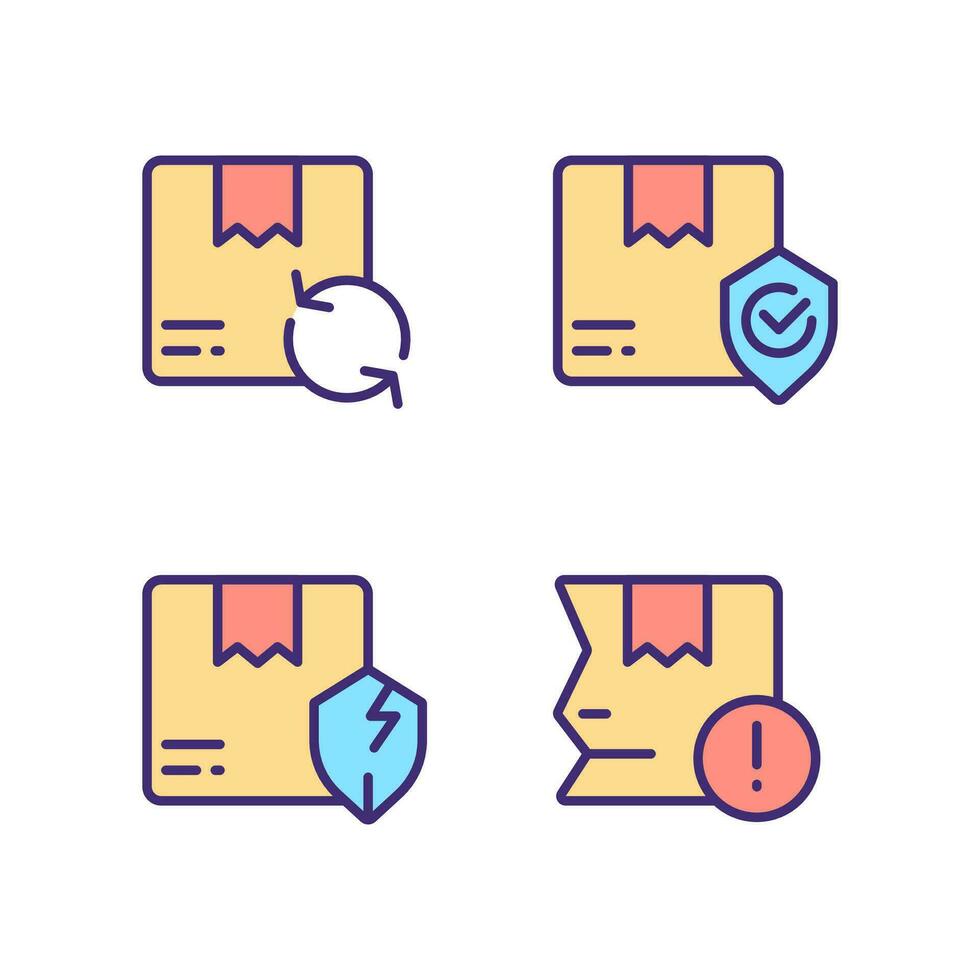 Delivery features and issues pixel perfect RGB color icons set. Parcel damage. Shipment failure. Insecure box. Isolated vector illustrations. Simple filled line drawings collection. Editable stroke