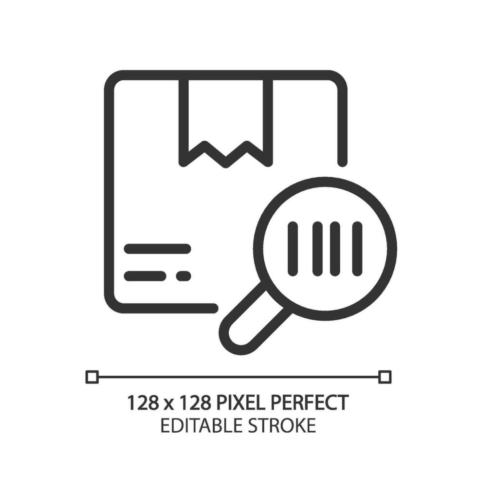 Package barcode tracking pixel perfect linear icon. Product information. Goods id. Search for order. Thin line illustration. Contour symbol. Vector outline drawing. Editable stroke