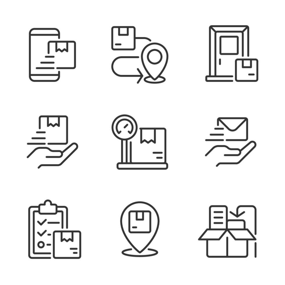 Orders management pixel perfect linear icons set. Delivery services. Parcels shipping. Logistics. Order online. Customizable thin line symbols. Isolated vector outline illustrations. Editable stroke