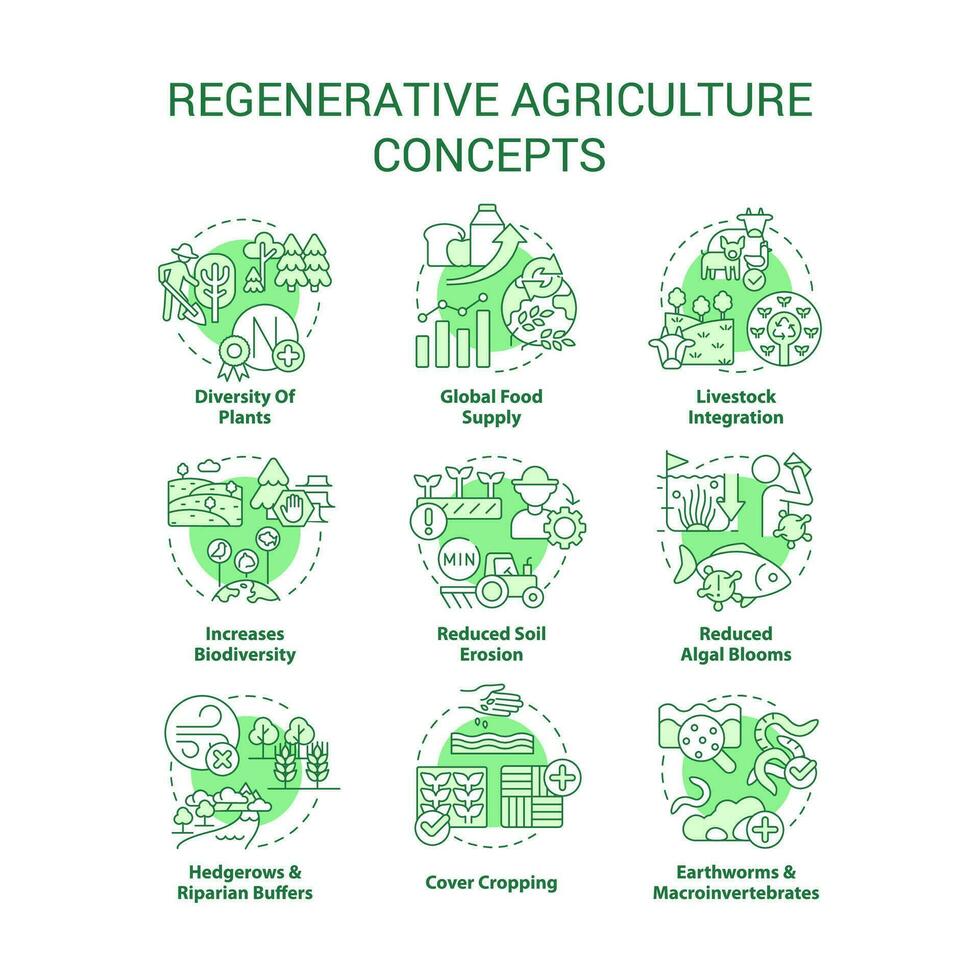 Regenerative agriculture green concept icons set. Gardening and farming approach idea thin line color illustrations. Isolated symbols. Editable stroke vector