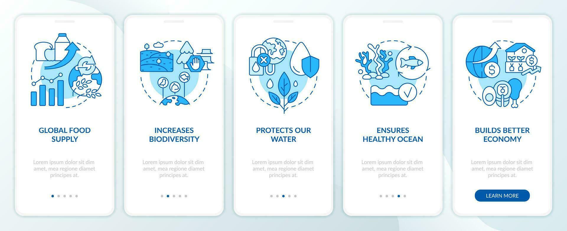 Regenerative food blue onboarding mobile app screen. Benefits walkthrough 5 steps editable graphic instructions with linear concepts. UI, UX, GUI templated vector