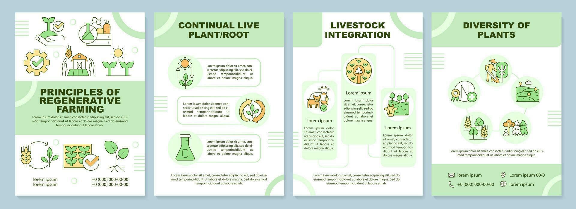 Principles of regenerative farming brochure template. Leaflet design with linear icons. Editable 4 vector layouts for presentation, annual reports