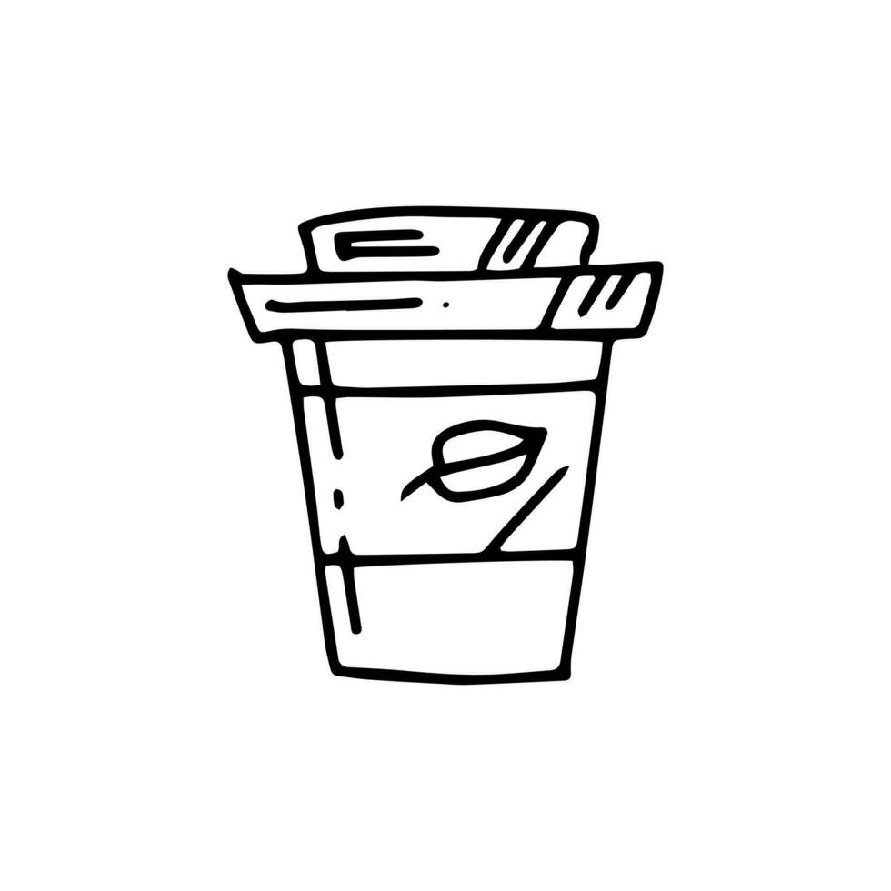 Doodle coffee takeaway cup with leaf. Hand draw sketch illustration. Ecology concept. Vector. vector