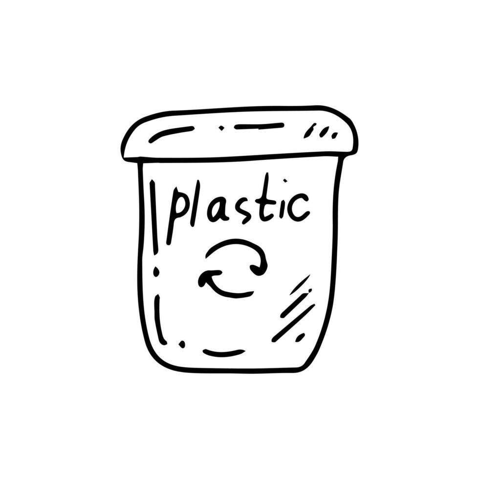 Monochrome doodle trash container for  plastic. Segregate waste, sorting garbage, waste management. Vector outline  illustration.