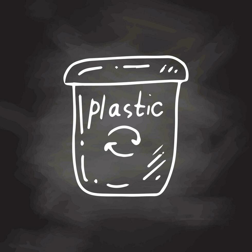Monochrome doodle trash container for plastic. Segregate waste, sorting garbage, waste management. Vector outline illustration.