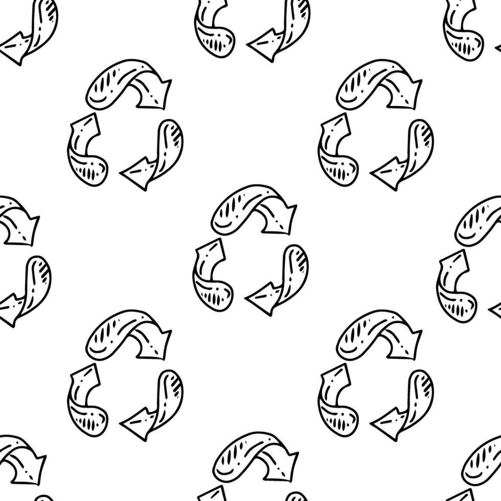 Recycle outline symbol on a white background. Eco concept seamless pattern. Hand drawn vector outline doodle icon.