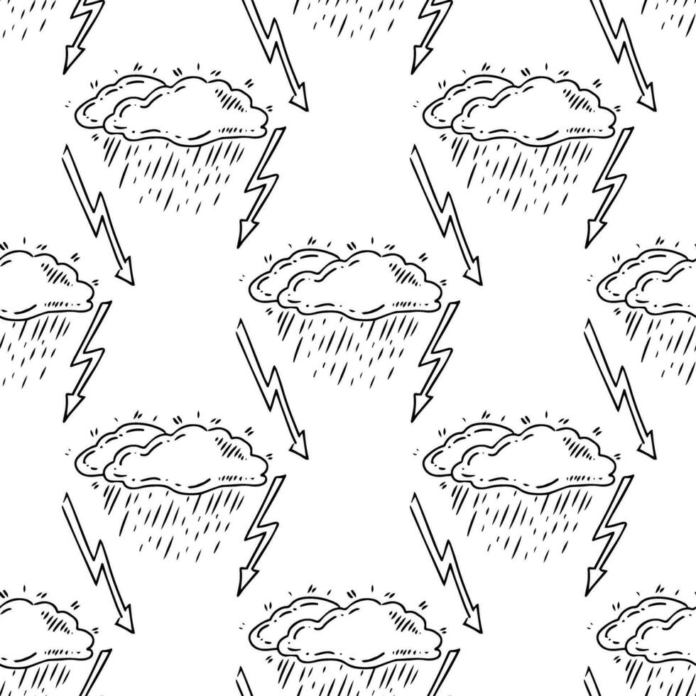 Simple sketch line style element. Doodle cute ink pen cloud with rain and lightning seamless pattern. Eco concept. vector