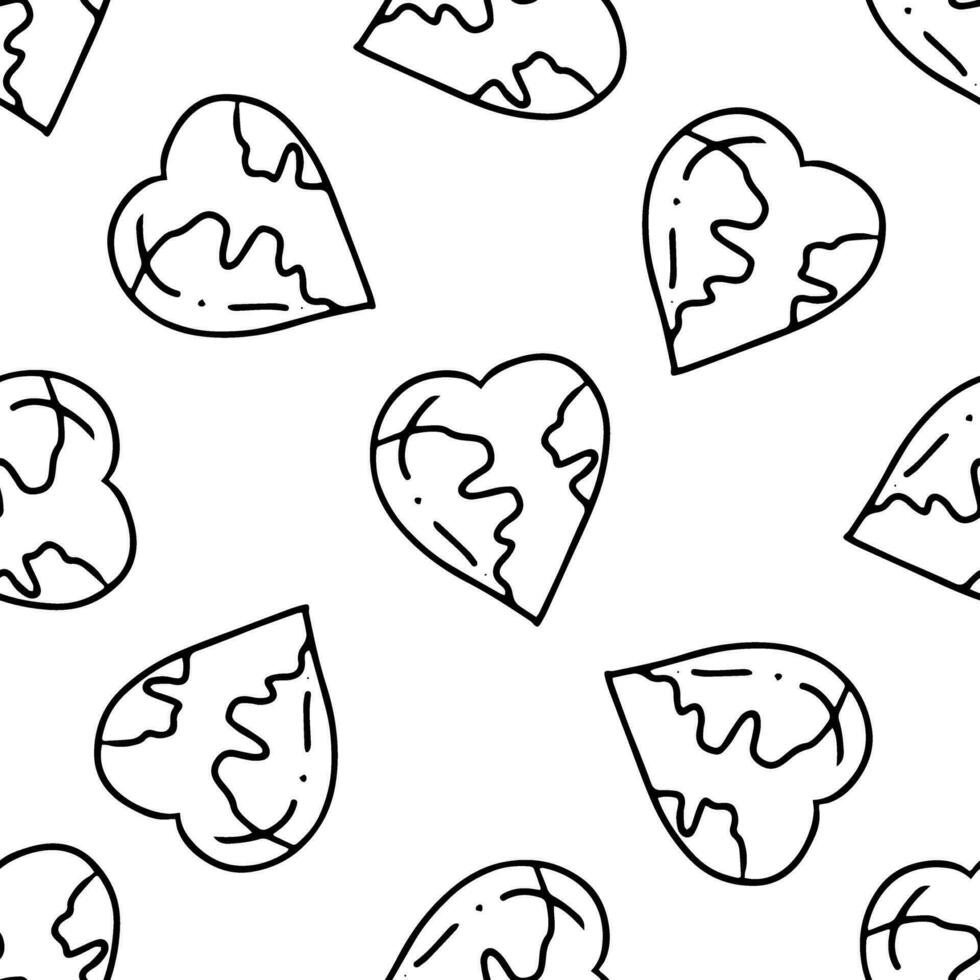 Doodle planet Earth drawing in heart shape. Nature and ecology vector illustration. Earth Day seamless pattern.