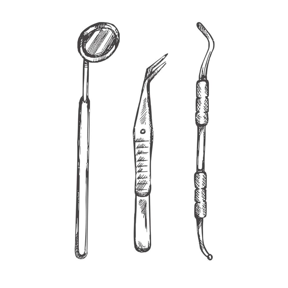 mano dibujado estomatología atributos profesional dental herramientas Clásico vector ilustración conjunto aislado en blanco antecedentes. equipo para ortodoncistas.