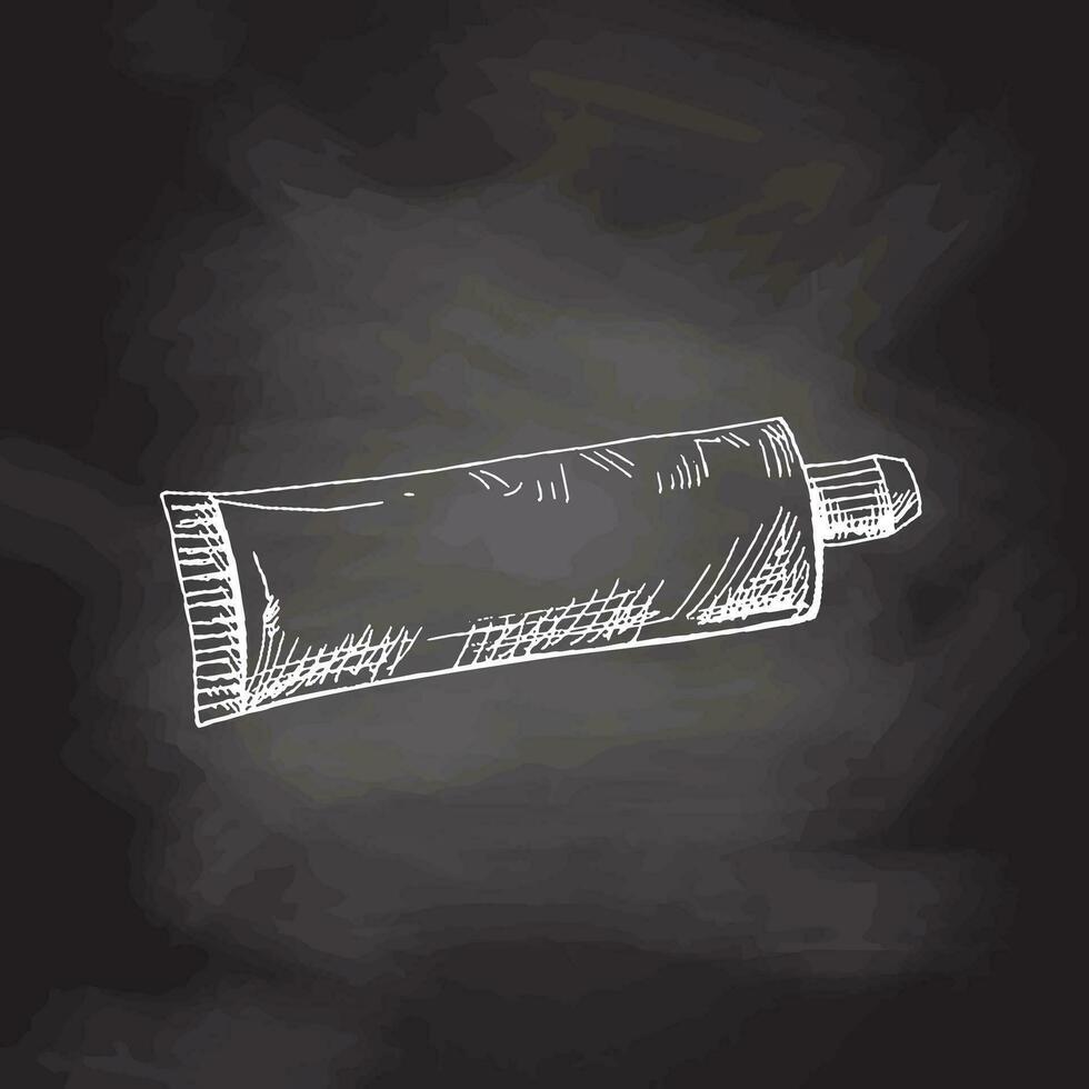 Hand drawn toothpaste vintage  sketch isolated on chalkboard  background. Vector illustration. Toothache treatment.