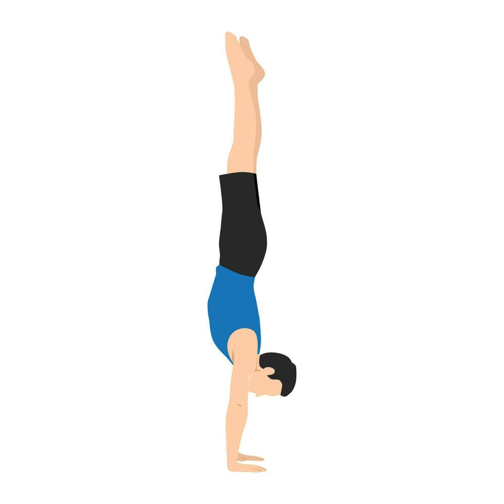 hombre haciendo adho mukha vrksasana o parada de manos actitud yoga ejercicio. vector