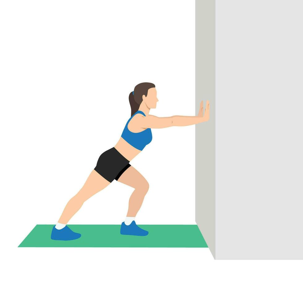 Woman doing straight leg calf stretch exercise. vector