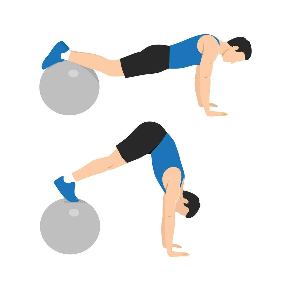 Man doing swiss ball plank to pike push up, core exercise. vector