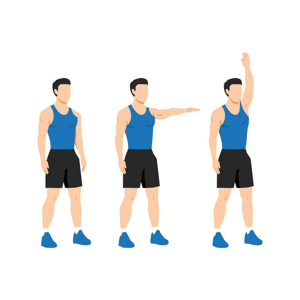 Man doing single arm front raises to overhead extension. vector