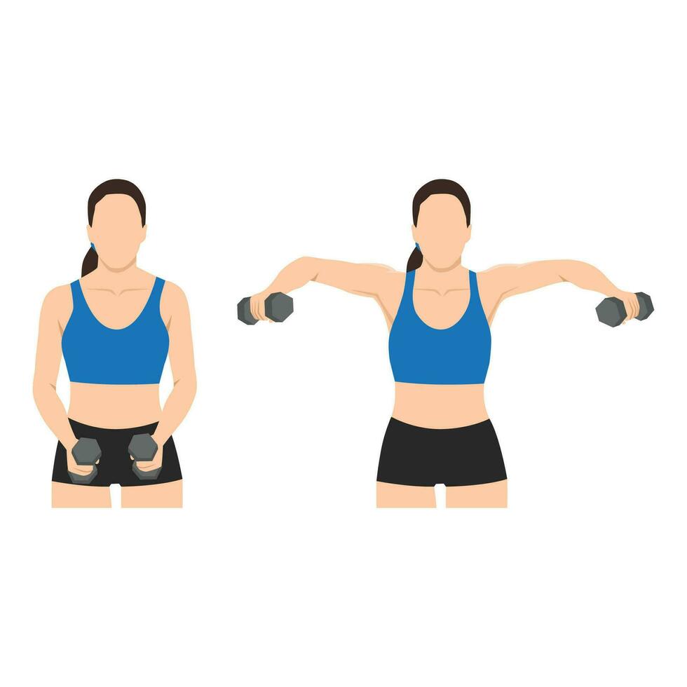 Woman doing Lateral side shoulder dumbbell raises. Power partials exercise. vector