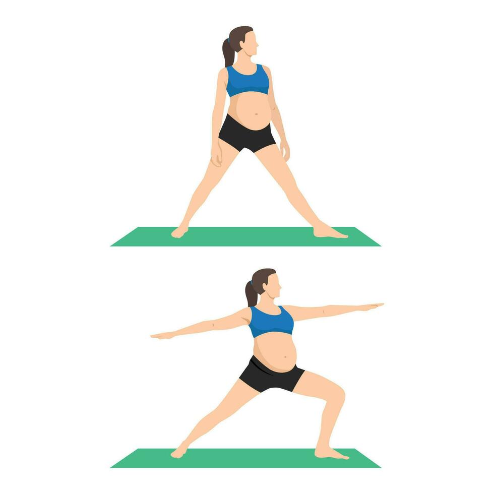 Young pregnant woman with large belly in sportswear does breathing yoga exercises holding hands in namaste mudra. Flat vector illustration isolated on white background