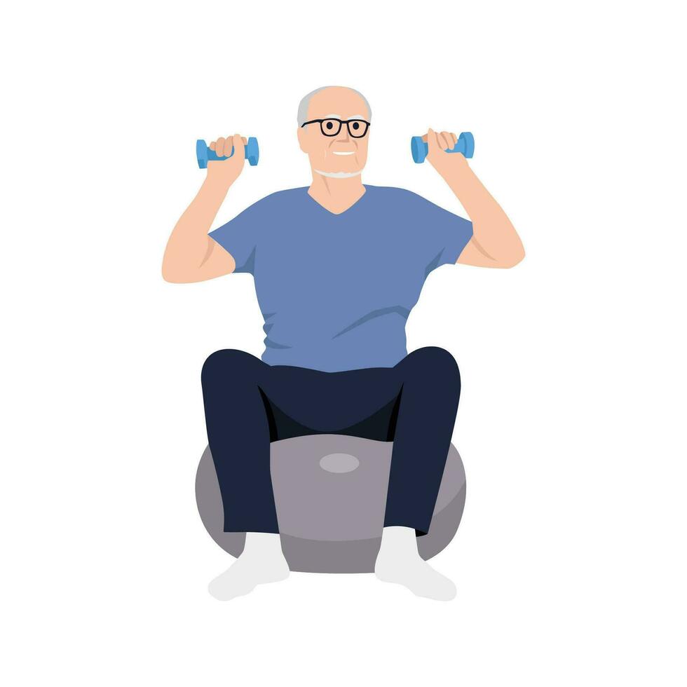 Elderly man having orthopedic rehabilitation after trauma. Active old man training on the ball with dumbbells. vector