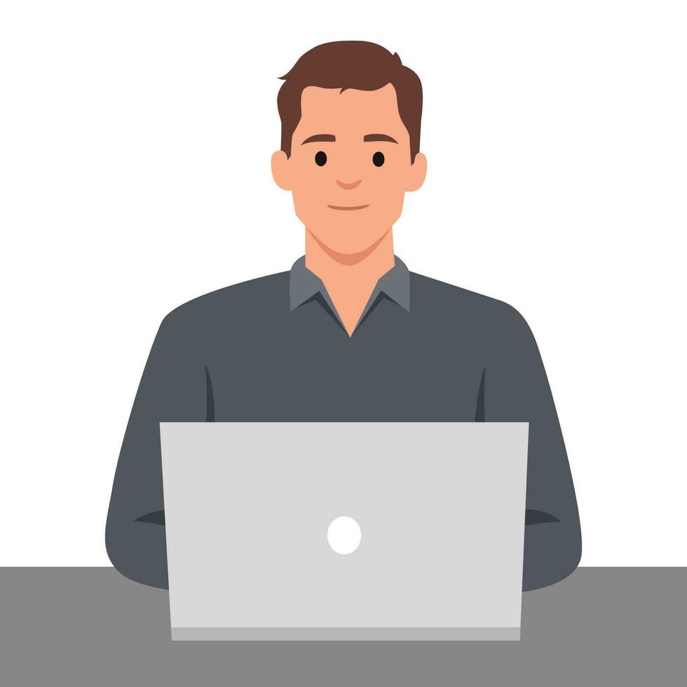 Young business man working with his laptop in the office or home, employee, freelancer. vector