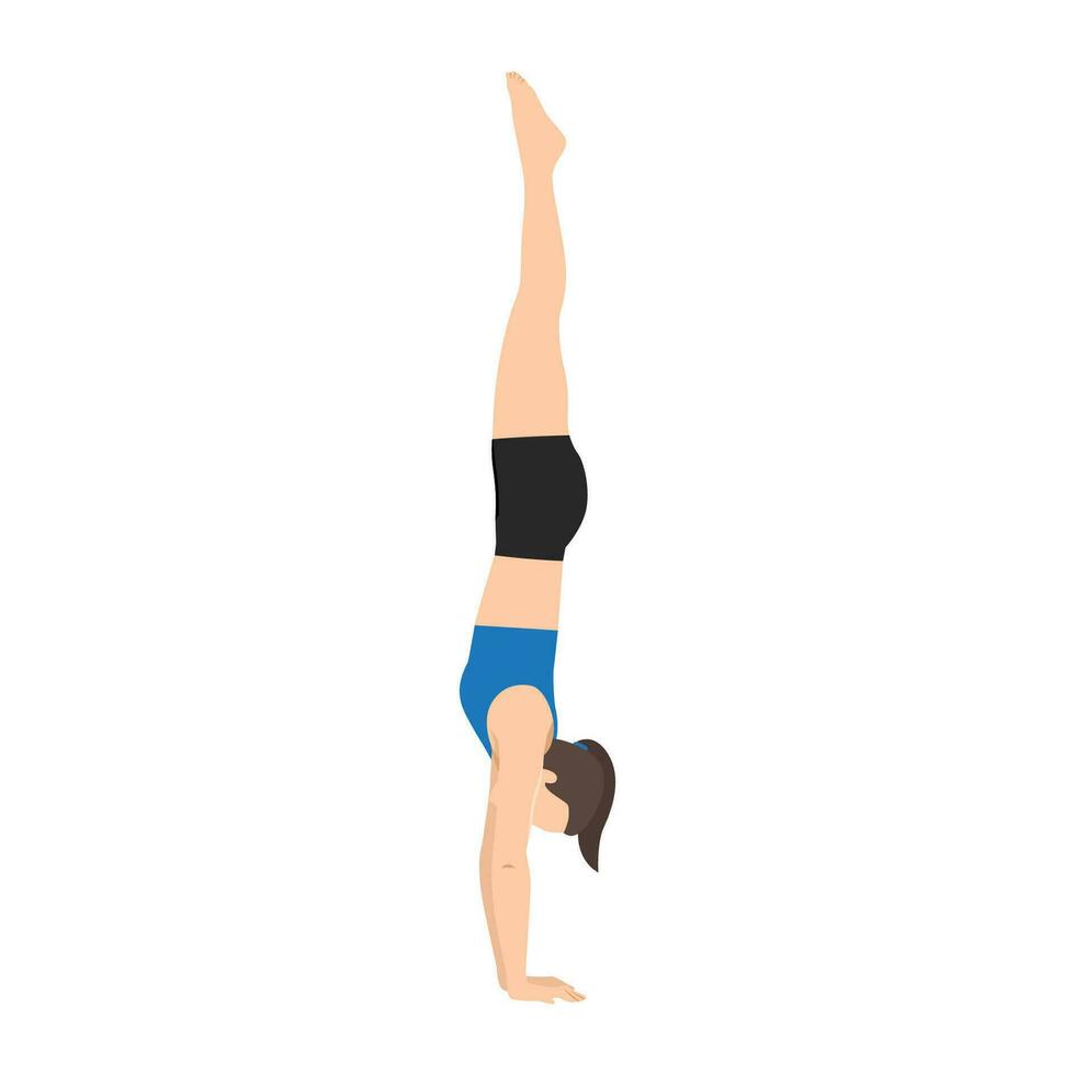 Woman doing Adho Mukha vrksasana or handstand pose yoga exercise. vector