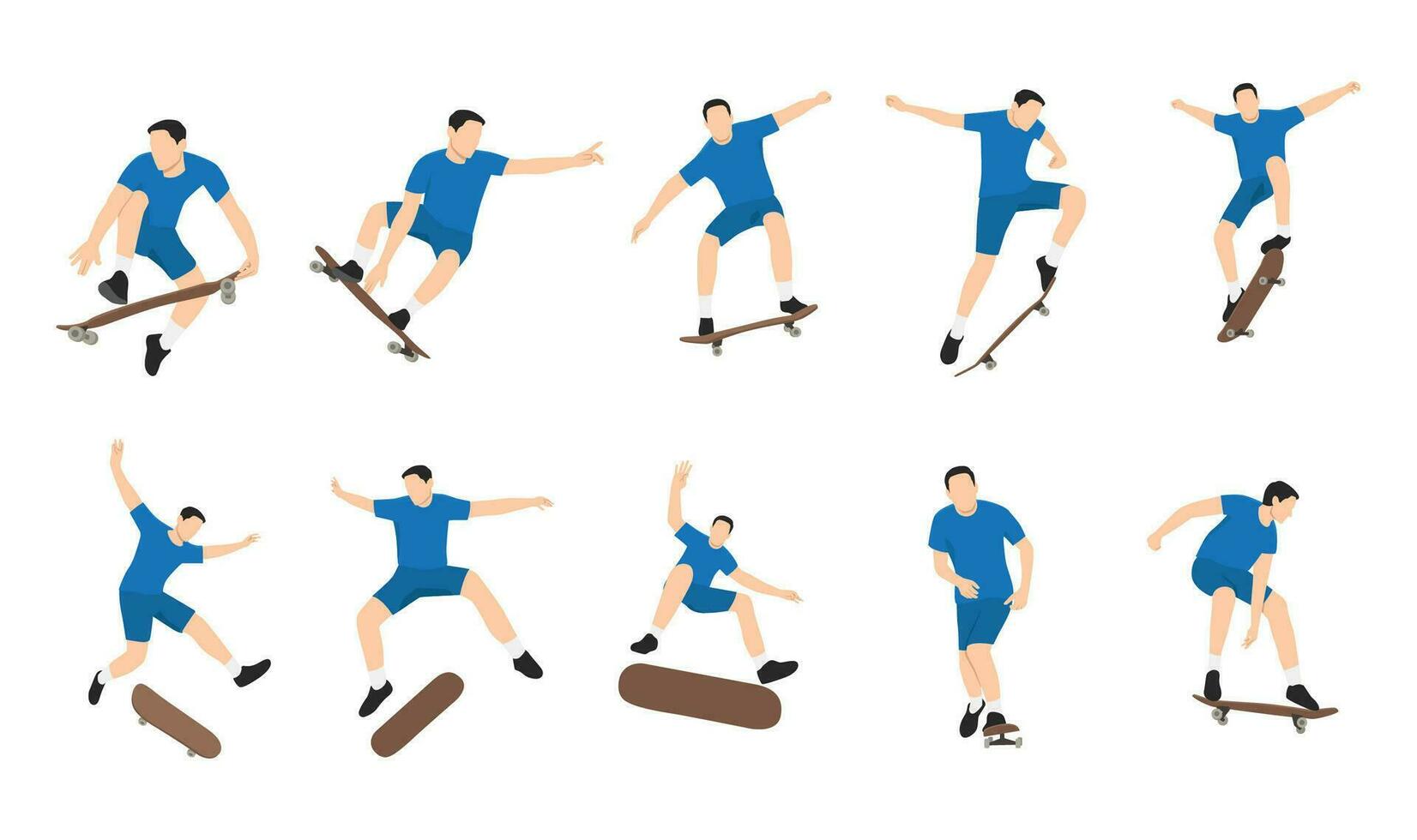 The set of skateboarder. Man doing skateboarding exercise. Flat vector illustration isolated on white background