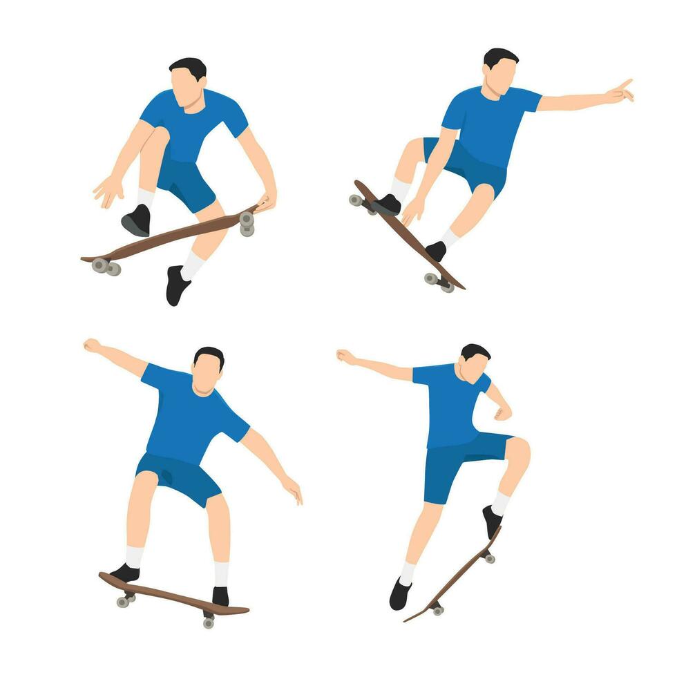 The set of skateboarder. Man doing skateboarding exercise. vector