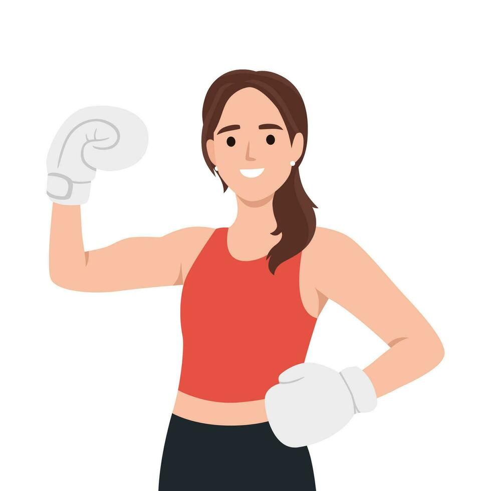 poderoso mujer en ropa de deporte con boxeo guantes preparar para formación o rutina de ejercicio en gimnasia. fuerte niña Boxer Listo para ejercicio. deporte y haciendo ejercicio vector