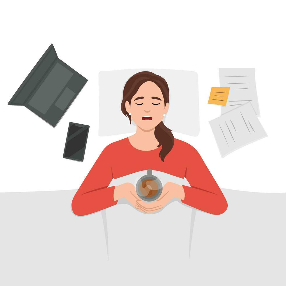 Exhausted woman lying in bed with coffee stressed with work. Tired female employee overwhelmed with job rest in bed. vector