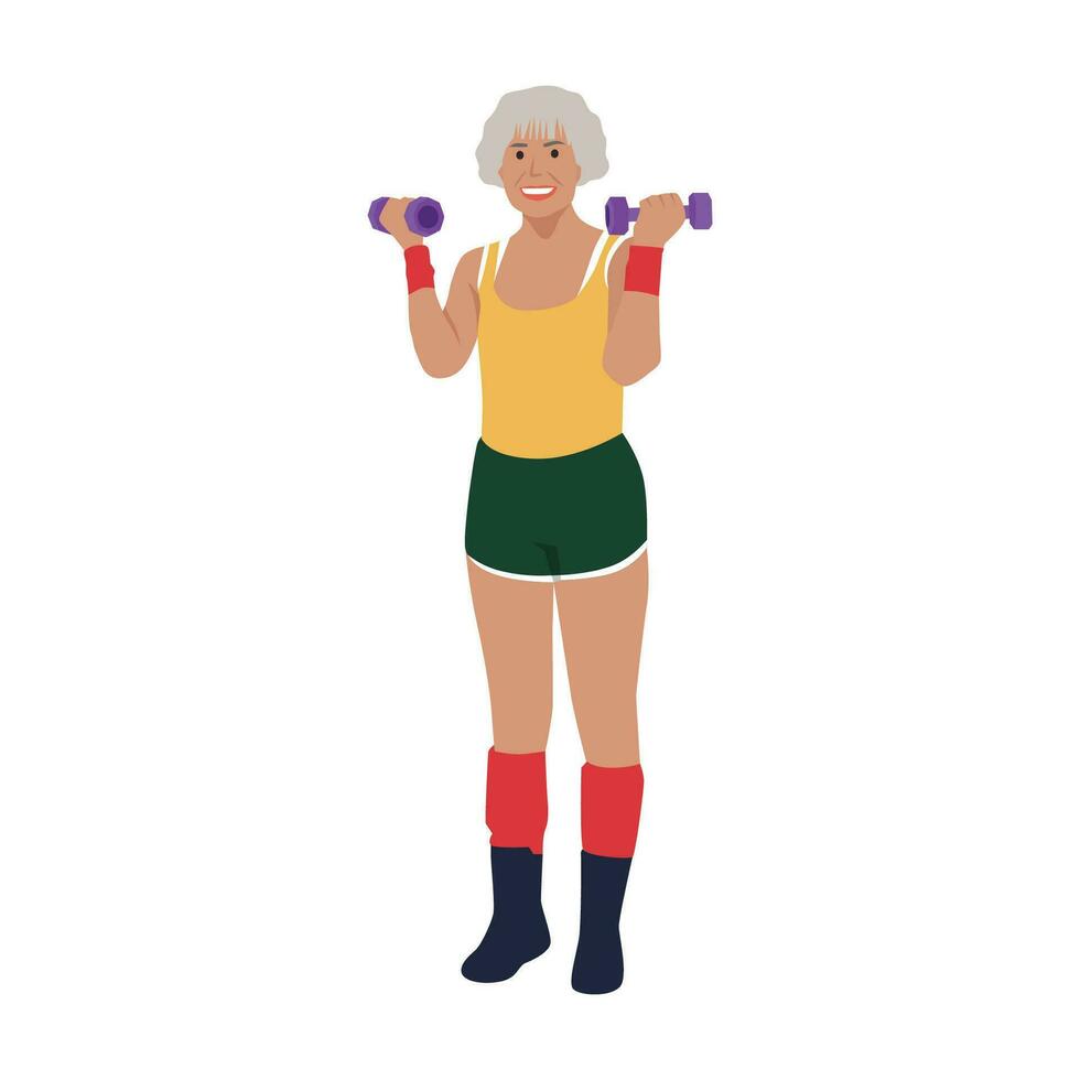 Eldery woman doing exercises with dumbbells Workout at home. vector